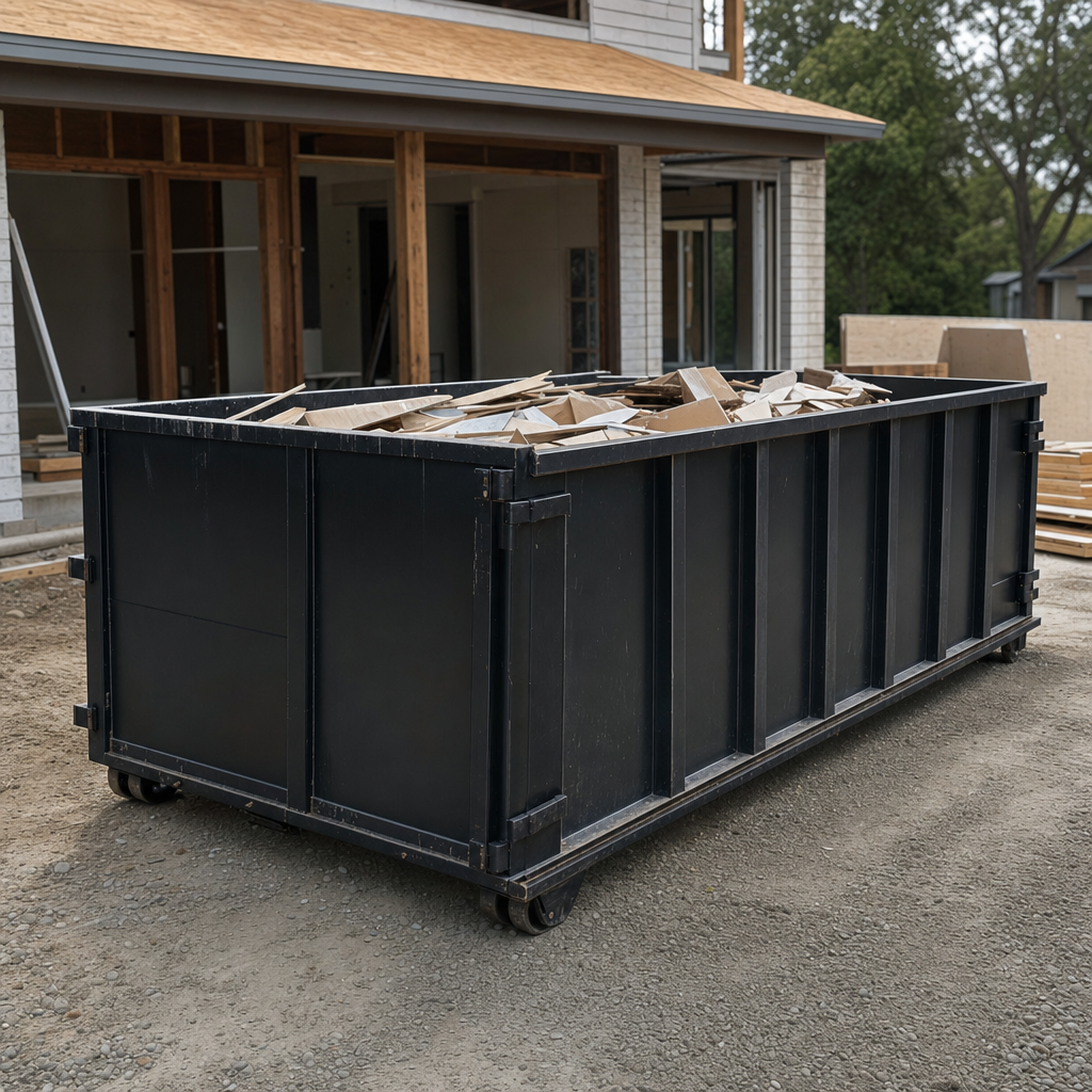 Large matte-black 30-yard construction roll-off dumpster at an active Harrisburg jobsite, steel-gray top rails and bottom rollers visible, loaded with construction debris.