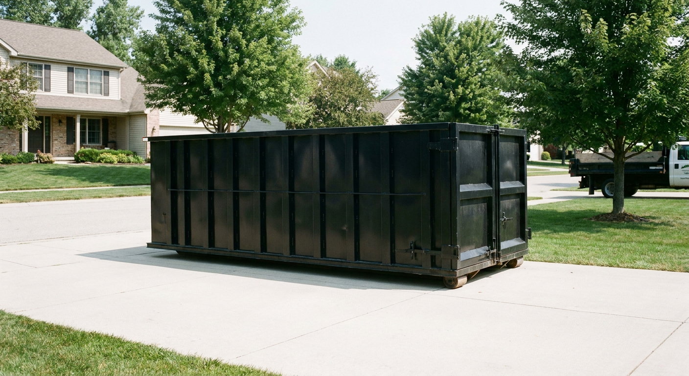 Matte-black 20-yard roll-off dumpster sitting level on a clean Harrisburg residential concrete driveway under bright daylight, demonstrating clean placement directly on the concrete.