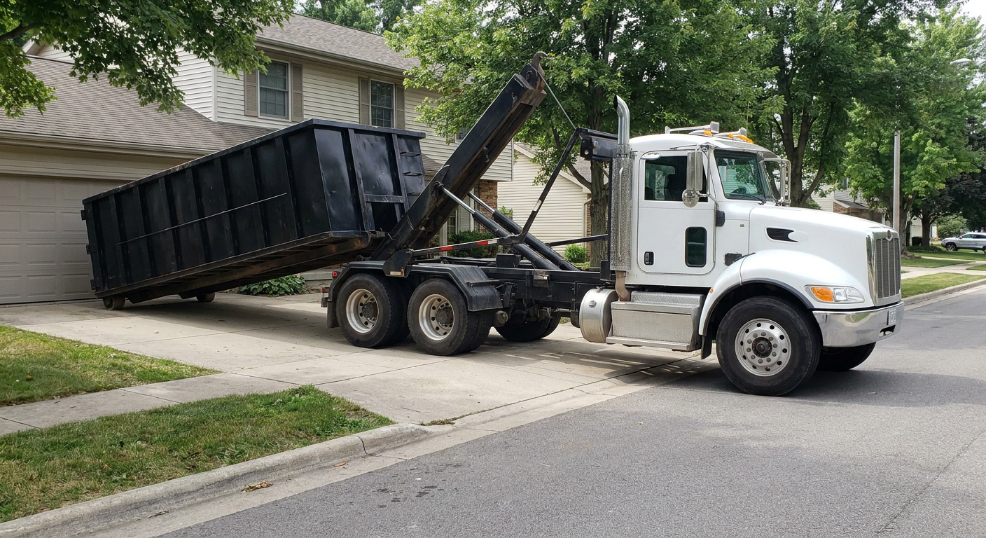 White-cab hooklift roll-off truck actively lowering a matte-black dumpster onto a Harrisburg residential concrete driveway, the dumpster's rear wheels touching the driveway as the hoist arm tilts the bed forward, mid-morning daylight.