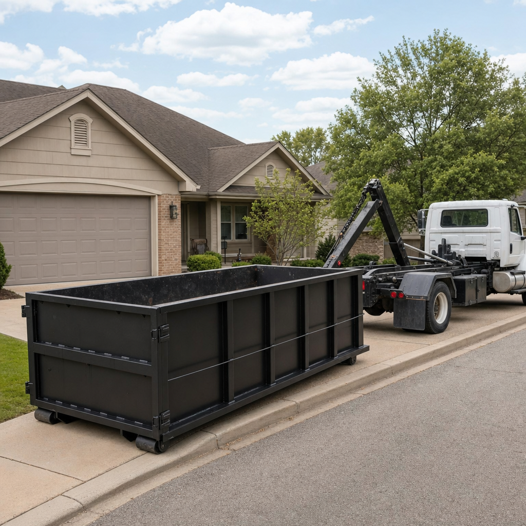Wide documentary shot of a matte-black roll-off dumpster on a Harrisburg residential driveway in the foreground and a contractor jobsite container in the soft-focus background, bright daylight, calm and orderly composition.