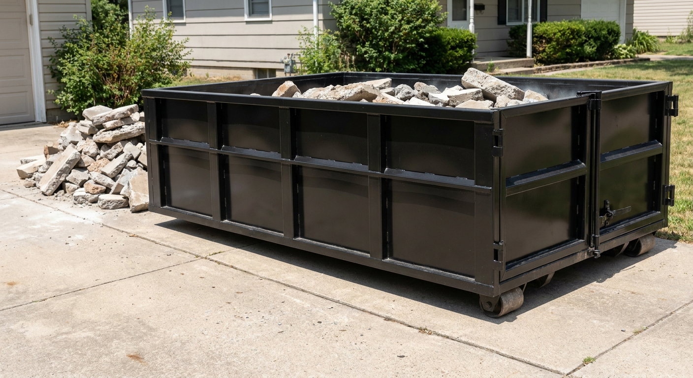 A matte-black low-side heavy-debris roll-off dumpster placed directly on a Harrisburg concrete driveway, with broken concrete chunks neatly stacked beside it under clean daylight.
